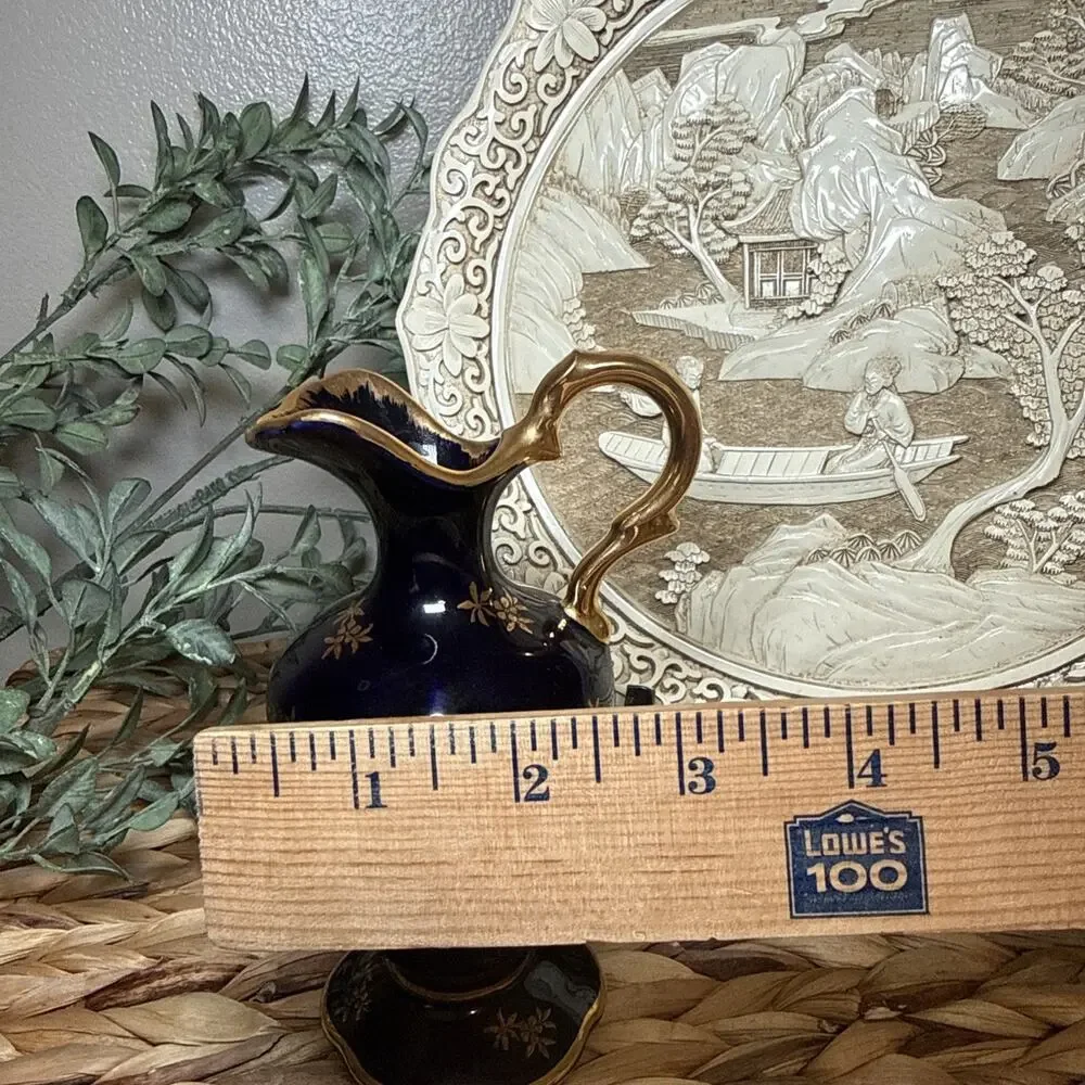 Limoges Castel France Cobalt Blue Gold Gilt Mini Ewer Pitcher 6” Porcelain